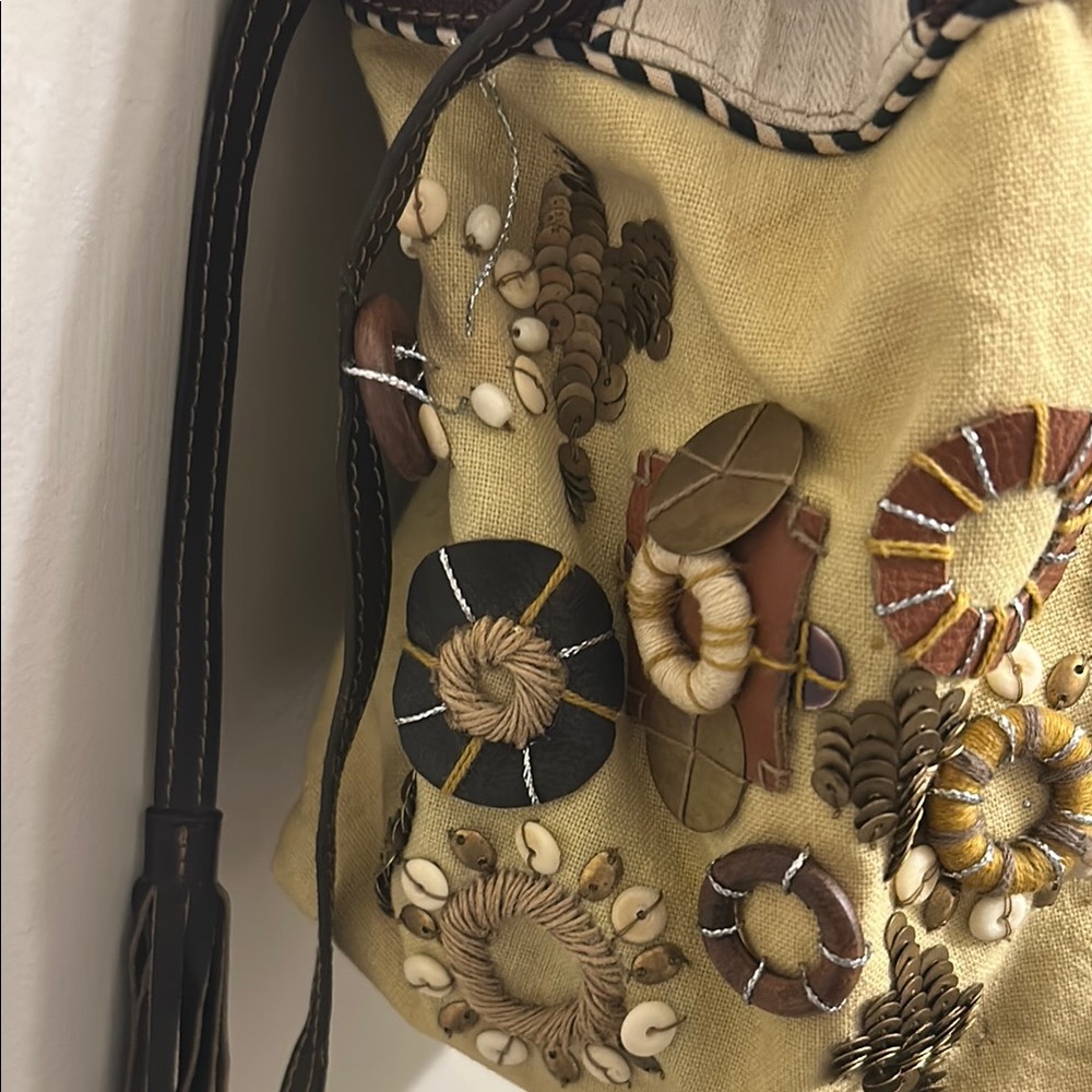 Anthropologie Yellow and Brown Embroidered Tote Vintage look gently Pre Loved - Picture 4 of 10